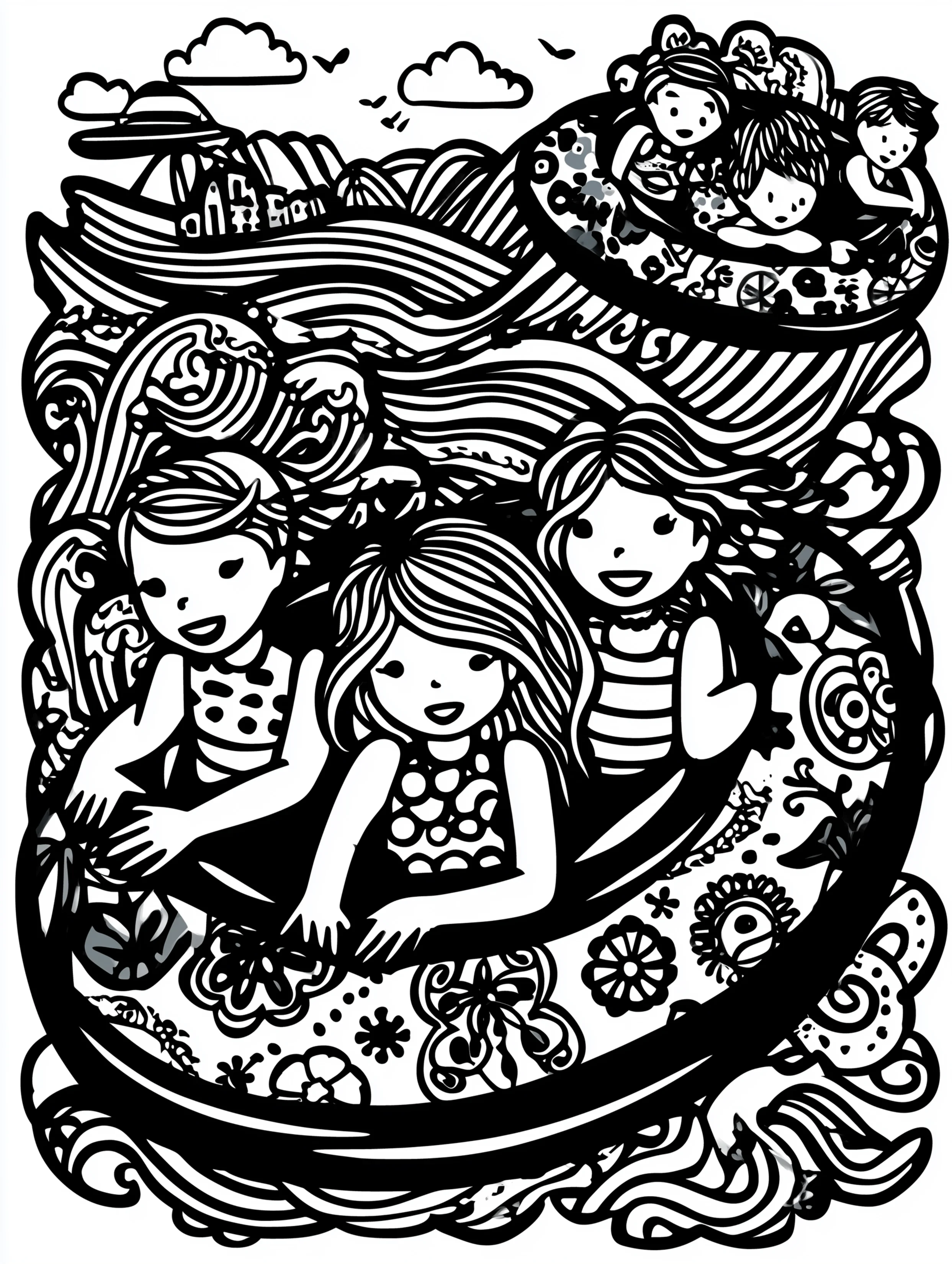 Free printable summer coloring page for adults featuring kids riding together in a raft